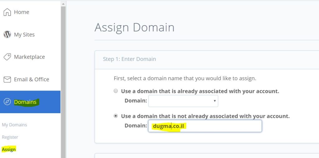 assign domain bluehost